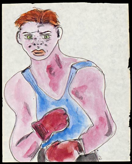 "Mickey Walker" - Tomata du Plenty. Mixed media on paper, 8 x 9 1/2 inches. 1995. Collection of the Georgia Museum of Art. Walker was a popular U.S. boxer of the 1920s and 1930s. A World Welterweight and Middleweight Champion, he turned to painting after his retirement from the ring in 1935, reinventing himself as renowned naïve painter. He said of his artistic career: "With my wife I saw a movie based on the life of Paul Gauguin and, after maybe three viewings, I said 'I've got to try that' and went to the art supplies store and spent a couple hundred bucks and told the clerk I'd bust him if he told anyone tough Mickey Walker bought sissy stuff."