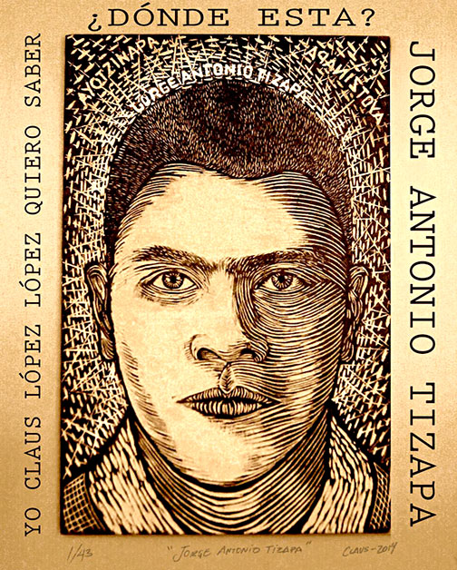 "Jorge Antonio Tizapa" - Woodcut poster of the missing Ayotzinapa student created by Claus López López.