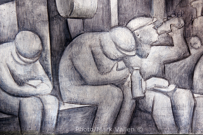 In this detail from the north wall fresco, Rivera showed tired auto workers taking a quick lunch break.
