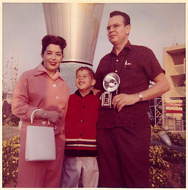The artist with his parents at Disneyland's Tomorrowland, 1959. "We're a happy family, me mom and daddy." Photographer unknown.