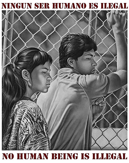 No Human Being is Illegal. Mark Vallen © "Ningun ser Humano es Ilegal - No Human Being is Illegal." Mark Vallen © Offset lithograph, 1988. Bilingual poster based on the artist's pencil drawing.