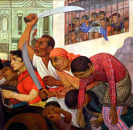 Detail from Rivera's "Gloriosa Victoria." At left, Rina Lazo in her red blouse.