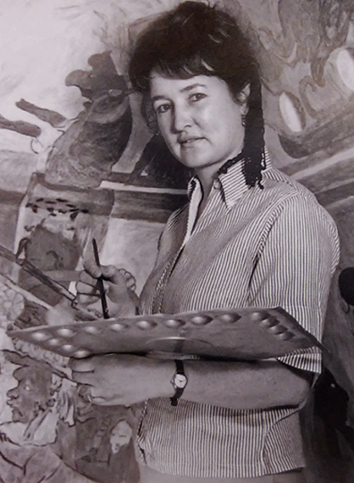 In this 1965 photograph, Rina Lazo paints a replica of the famous Maya murals of Bonampak. Her replica is now housed in the Museum of Anthropology in Mexico City. Photographer unknown.