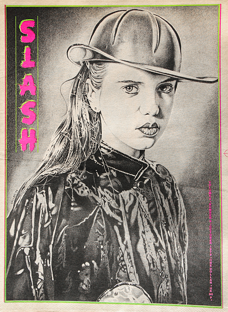 "Sue Tissue." Mark Vallen. Pencil drawing. Published as SLASH Magazine cover drawing, Volume Two Number Nine, 1979. 