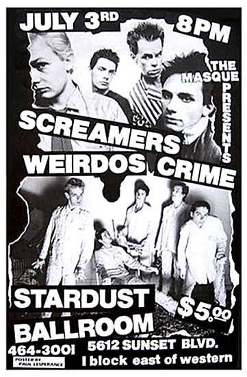 Poster announcing July, 1978 concert with CRIME, Weirdos, and the Screamers at the Stardust Ballroom in Hollywood. Design/Paul Lesperance.
