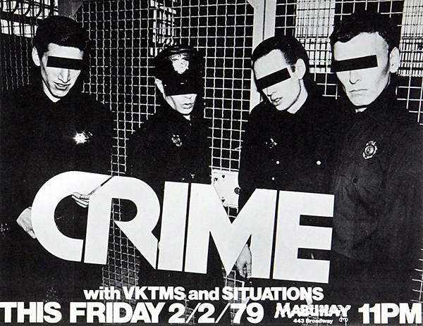 Poster announcing Feb. 2, 1977 CRIME concert at Mabuhay Gardens, San Francisco. with VKTMS and Situations. Photo/James Stark.