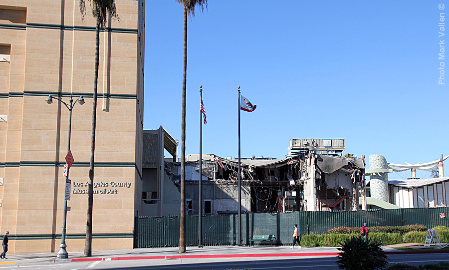 "The Amazing Shrinking LACMA." View of the museum from Wilshire Blvd. on April 10, 2020. The Bing Theater had met its demise and in the background the Hammer Building, which displayed special exhibits, was being destroyed. The Art of the Americas building at left would soon be razed. Photo Mark Vallen ©.