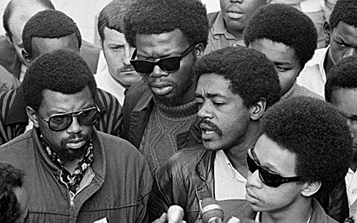 Photo of Black Panther Party chairman Bobby Seale (right center) with fellow militants in Oakland, California. Photographer Ernest K. Bennett took the photo on Nov. 21, 1968. Sanford Biggers used Bennett’s uncredited photo to create “Overstood.”