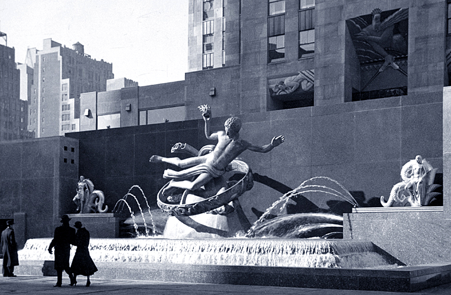 “Rockefeller Center Plaza.” Photo by the Wurts Brothers, circa 1934. Paul Manship’s “Prometheus” is in the foreground, while Lee Lawrie’s “Wisdom with Sound and Light” can be glimpsed in the background.