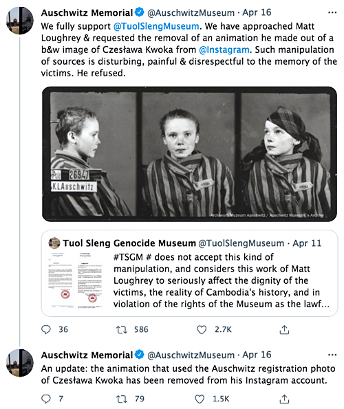 Tweets from the Auschwitz Museum and the Tuol Sleng Genocide Museum, April, 2021.