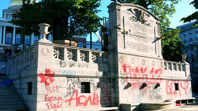 Shaw 54th Regiment Memorial in Boston Commons, defaced by BLM activists June 3, 2020. Graffiti reads: "ACAB" (All Cops Are Bastards), "F**k 12" (a codeword for police is “12”), “RIP George Floyd” & "#BLM."