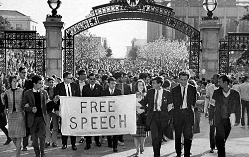 Free Speech Movement marchers carry “Free Speech” banner on the Berkeley campus, Nov. 20, 1964.