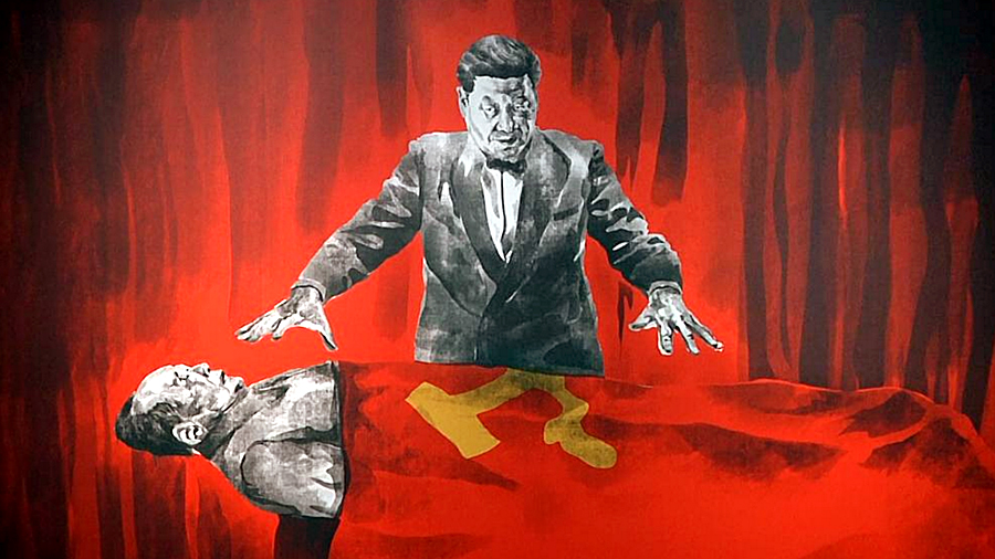 Detail of Badiucao graphic depicting China’s dictator Xi Jinping conjuring up the ghost of Chairman Mao Zedong (1893-1976), founding member of the Chinese Communist Party.