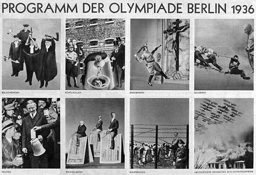 "Program of the Berlin Olympics 1936." John Heartfield’s graphic from the Nov. 1935 special Olympic edition of the Workers Illustrated Newspaper (Berliner Illustrierte Zeitung).