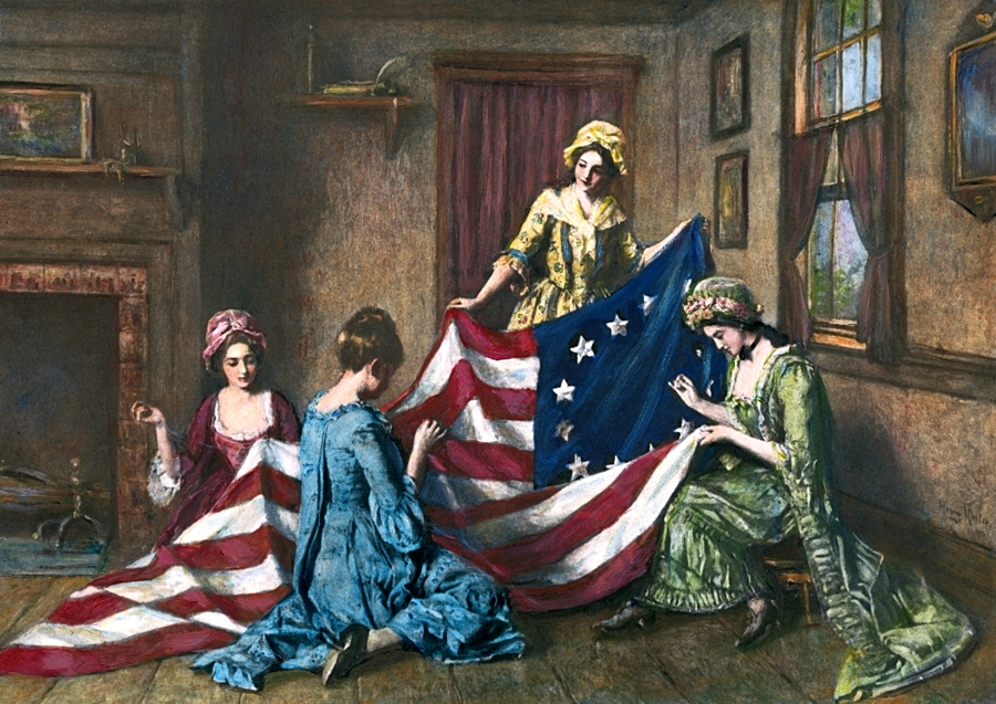 “The Birth of the Flag.” Henry Mosler. Oil on canvas, circa 1911. German-American artist Henry Mosler (1841-1920) known for painting colonial themes, depicted Betsy Ross and assistants sewing the first American flag.