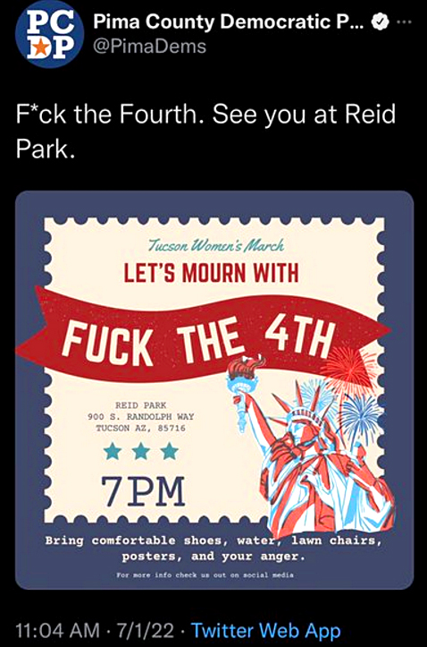 The 2nd "F**K THE 4TH" announcement from Arizona’s Pima County Democratic Party, posted July 1, 2022.