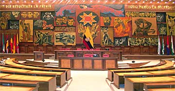 "Imagen de la Patria" (Image of the Mother Country) - Oswaldo Guayasamín. Mural. 1987-1988. Mounted in the Republic of Ecuador Legislative Palace (Congress). The multi-panel acrylic mural is supported by an aluminum superstructure and offers a pictorial history of the Republic.