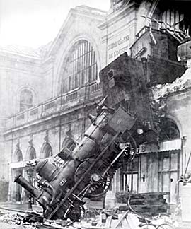 Photograph of the 1895 train wreck at the Gare Montparnasse train station in Paris. Photo by Studio Lévy & fils.