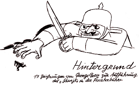 Drawing by George Grosz for "Hintergrund: 17 Zeichnungen zur Aufführung des Schwejk in der Piscator-Bühne" (Background: 17 designs for the performance of the Schwejk in the Piscator stage). Published in 1928 by the Malik-Verlag Berlin publishing house, this portfolio contains reproductions of 17 drawings created by Grosz as stage background images for the stage play, "The Good Soldier Schwejk." This particular image was the portfolio’s title page.
