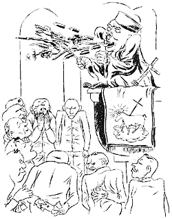 "Ausschuttung des heiligen Geistes." (The pouring out of the Holy Spirit). George Grosz. Brush and ink. 1928. Grosz and Wieland Herzfelde were tried for blasphemy because of this drawing. Plate no. 9 in the "Hintergrund" portfolio.
