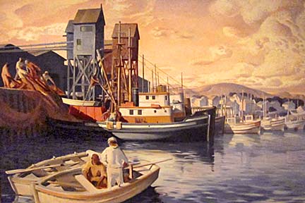 Terminal Island Fish Harbor – Millard Sheets. 1935. Oil on canvas. Here the artist gives us a glimpse of the traditional West coast fishing industry as it existed at Terminal Island in San Pedro, California before the outbreak of WWI.