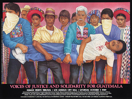 "Voices of Justice." Mark Vallen 1989. Offset poster. 11" x 15." Commissioned by the Guatemalan Information Center (GIC). The poster was based upon a 3 x 5 foot chalk pastel drawing on paper.