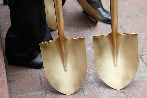 Golden shovels used at the Sept. 8, 2010 groundbreaking ceremony for the Siqueiros Mural and Interpretive Center on L.A.'s historic Olvera Street. Photo by Mark Vallen ©.