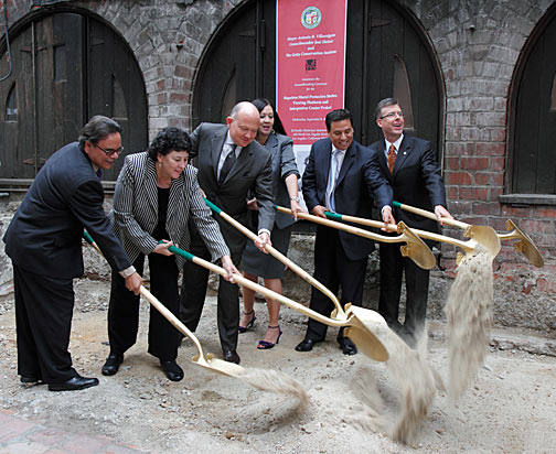 Timothy P. Whalen of the Getty, Los Angeles Councilmember José Luis Huizar, along with members of L.A.'s City government and the Getty Center, break ground for the Siqueiros Mural and Interpretive Center. Photo by Mark Vallen ©