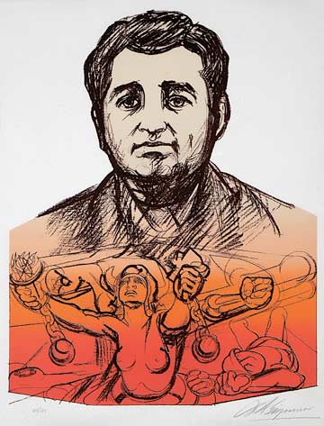  "Heroic Voice" (Alternate title: Por La Raza). David Alfaro Siqueiros. 1970. Lithograph. 26 x 20 inches. In this print, Siqueiros depicts the slain acclaimed journalist Ruben Salazar.