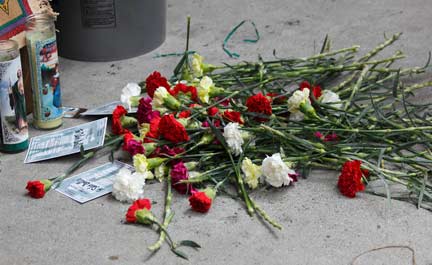 Flowers for Ruben Salazar in front of the Silver Dollar cafe. Photo by Mark Vallen ©