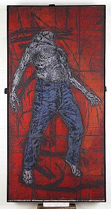 "Laius" - Patrick Merrill. 2001. First panel of diptych. 60"x 30" Woodcut, copper foil intaglio, and collograph. On view at "Patrick Merrill Conjunction: Intaglio and Relief."