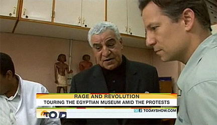 Screenshot of Zahi Hawass (left) giving NBC's Richard Engel a tour of the Egyptian Museum. From the Feb. 9, 2011 NBC Today show broadcast. 
