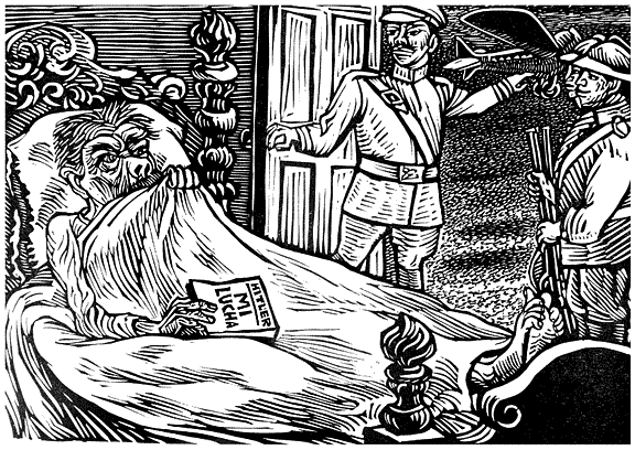 "General Plutarco Elías Calles is deported by order of the government of General Lázaro Cárdenas, 1936." - Linoleum cut print by Leopoldo Méndez and Alfredo Zalce. 1960. The print depicts the arrest of Calles, who was found by police at home in bed reading a Spanish translation of Adolf Hitler's Mein Kampf. The officer in the center of the print points at the airplane that will fly Calles to exile in the United States. Méndez and Zalce created their print in 1960 at the Taller de Gráfica Popular (TGP - Popular Graphic Arts Workshop). Their work was published in the 1960 TGP portfolio, "450 Años De Lucha: Homenaje Al Pueblo Mexicano (450 Years of Struggle: Homage to the Mexican People). 