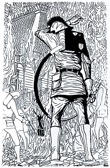 "Fahrenheit 451" - Joseph Mugnaini. Pen and ink. 9" x 5 3/4". Illustration for the 1961 edition of Fahrenheit 451, by Ray Bradbury.