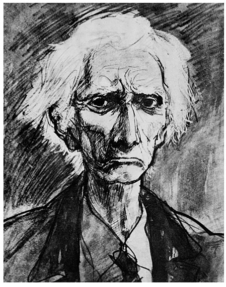 "Portrait of Bertrand Russell" - Joseph Mugnaini. Ink wash and conte crayon. 12.5" x 10.5" inches.