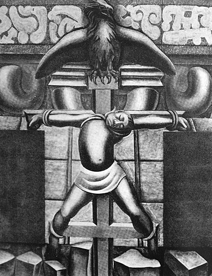 Black and white detail from the 1932 "América Tropical" mural by Siqueiros.