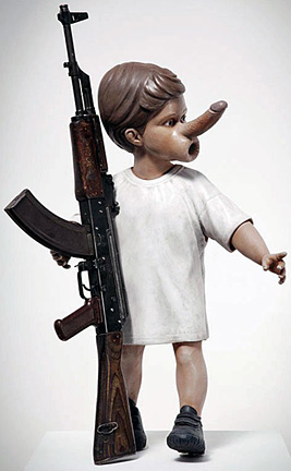 "Yin" - Chapman Brothers. Painted sculpture with decommissioned Kalashnikov rifle. 2012.