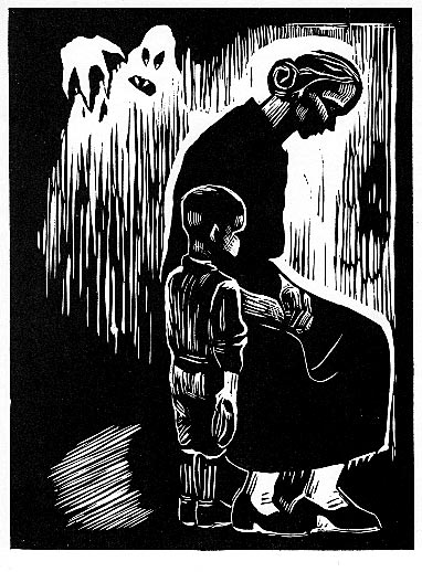 "Black Legion Widow" - Maurice Merlin. Linocut. 8 x 6 in. 1936. In this linoleum cut, Merlin depicted the widow Rebecca Poole, whose husband Charles Poole, had been assassinated in Detroit, Michigan on May 13, 1936 by the Black Legion terror group.