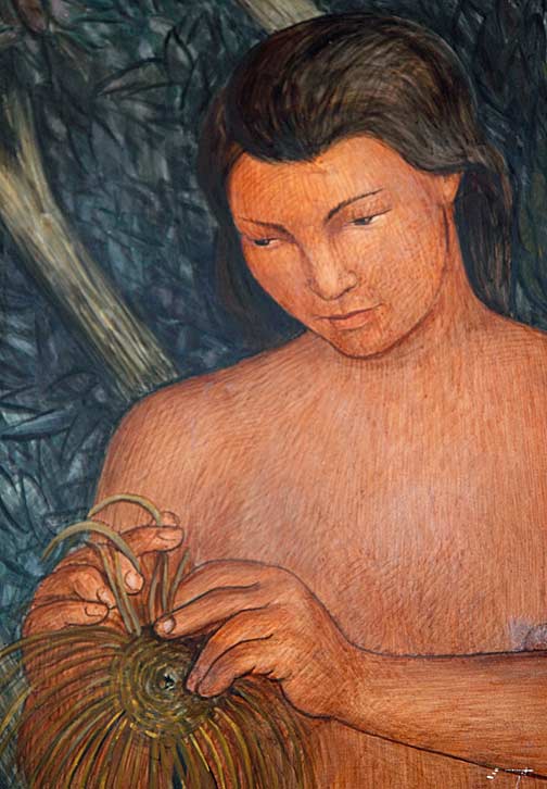 In this detail Arnautoff depicted an Ohlone woman at work weaving baskets from tule reeds. Photo by Mark Vallen ©.