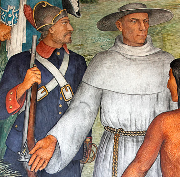 Arnautoff's mural depicting a Spanish soldier and priest from the earliest years of the Presidio's founding. Does the priest's gesture welcome or bar the indigenous Ohlone warrior? Photo by Mark Vallen ©.