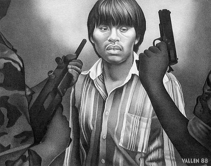 "Meanwhile... in Guatemala" - Mark Vallen. 1988. © Pencil on paper 10" x 14". The U.S.-backed Guatemalan military tortured and murdered tens of thousands of civilians during that Central American nation's 36-year long civil war. When the fighting ended in 1996, over 200,000 civilians - 83% of them Maya Indian farmers - had been slain. 