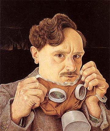 "Self Portrait with Gasmask" - Barthel Gilles. Oil on canvas, 19.5 × 15.5 inches. 1930. Collection of Suermondt-Ludwig Museum in Aachen.