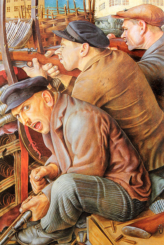 Ruhrkampf (Ruhr Struggle) - Barthel Gilles. Egg tempera and oil on wood panel. 1930. The artist portrayed armed revolutionary workers in battle against government soldiers. The work was based upon the real world event known as the "Ruhr Struggle" or "March uprising". 