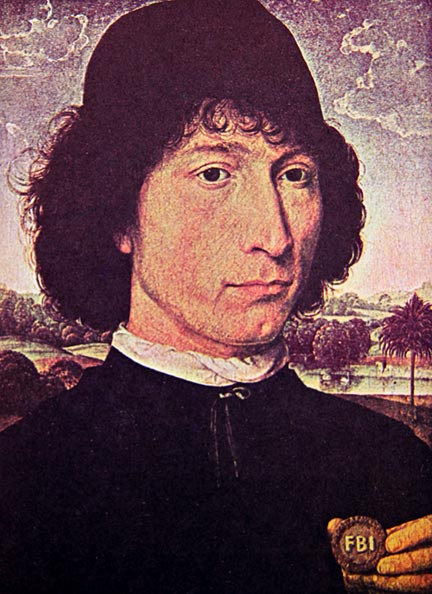 "Portrait of Niccolo Spinelli" - Altered painting by Kimball, based on an original by Hans Memling (Netherlandish 1435-1494). The German-born Memling became one of the greatest masters of early Netherlandish painting. Memling is thought to have painted this portrait in 1480 or later. 