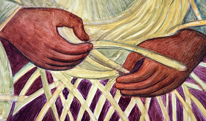 These hands belong to the indigenous basket weaver that sits next to the figure described in the above. Rivera's mural contains thousands of engaging details both diminutive and sizeable; this is one of my favorite small details. Here Rivera utilized a spare realism, but imbued it with a sense of motion; one can almost hear the sound of rattan being manipulated by the agile hands of the basket weaver. The background to the sensitively painted hands is marvelously painted in greens and purple, and one can see how thinly and rapidly Rivera painted. Photograph by Mark Vallen ©