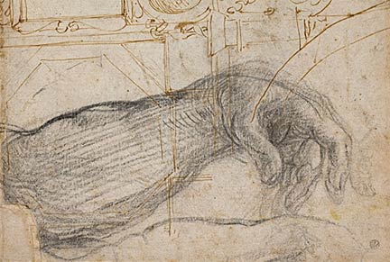 Detail from "Scheme for the Decoration of the Ceiling of the Sistine Chapel" - Michelangelo. 1508. Pen and brown ink and black chalk on cream laid paper. 14 11/16 x 9 7/8 in. Collection of the DIA.