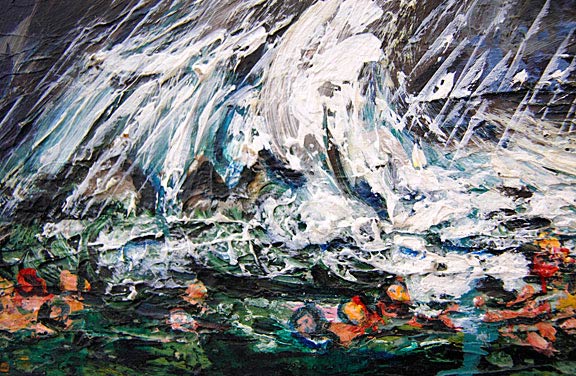 "The Temperature Has Risen." - Philip Stein. Acrylic on masonite. 1989. An excerpt of a larger painting that warns of ecological collapse. Stein said of the artwork, "Scientists have warned of an impending disaster." 