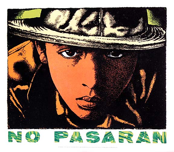 "No Pasaran" (They Shall Not Pass) – Mark Vallen. Serigraphic print. 17 x  21 inches. 1984. This seven color silkscreen print was created in opposition to the U.S. war against Nicaragua. The title of the print came from a popular slogan in Nicaragua against foreign domination.