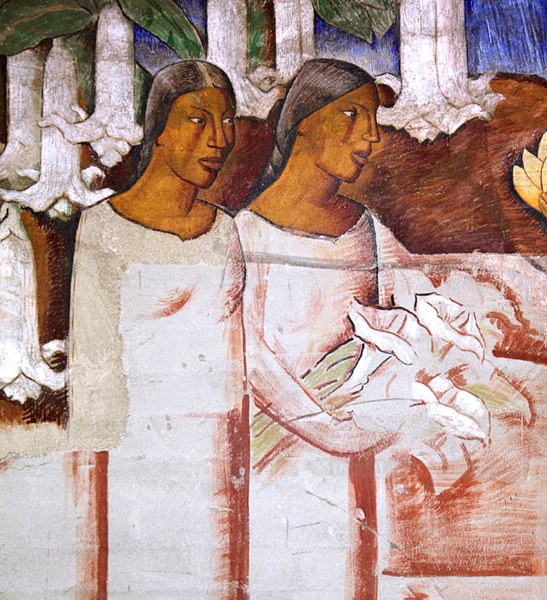 12) In this detail of an incomplete panel, one can plainly see the various steps taken to create the mural. The bottom half shows the rough "arriccio" layer of plaster, with a sketchy "sinopia" painted in dark earth red as a guide. Just below the shoulders of the two women, one can see the break between the arriccio layer and the finer "intonaco" layer, upon which the artist painted the women's faces, flowers, and background. Photo by Mark Vallen ©.