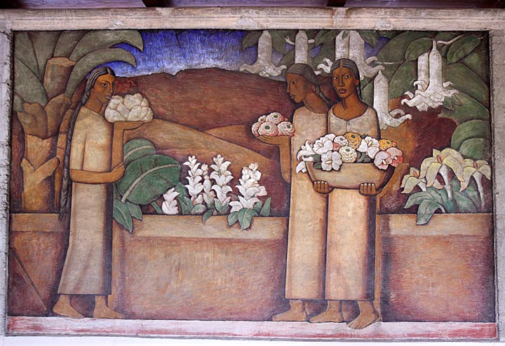 One of the most completed panels in "The Flower Vendors" mural. Note how the artist employed trompe l'oeil to make the figure on the viewer's right appear to be stepping out of the picture plane. Photo by Mark Vallen ©.